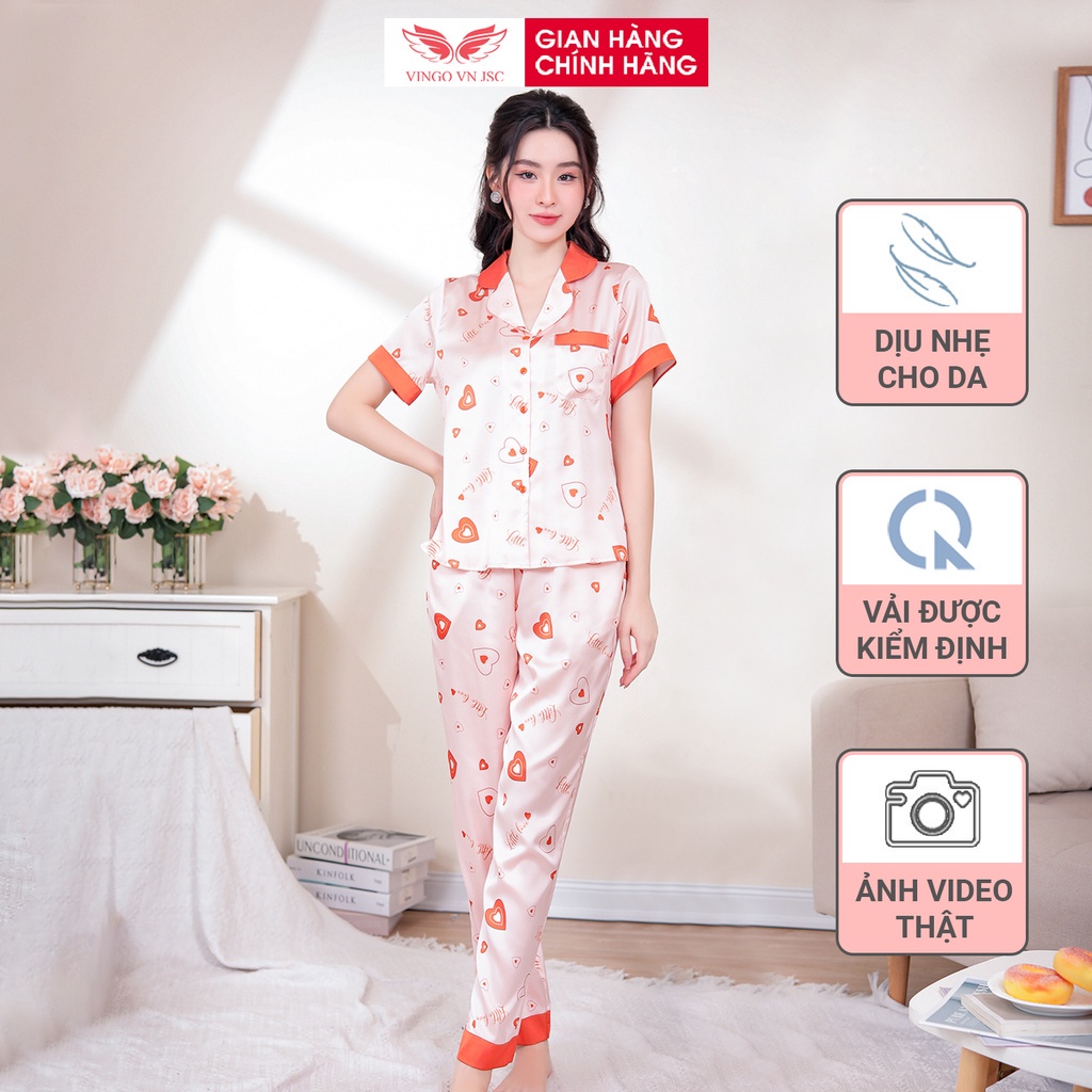 Đồ bộ nữ pijama mặc nhà lụa cao cấp VINGO tay ngắn quần dài màu cam nhạt hoạ tiết trái tim trẻ trung nhã nhặn H862 VNGO