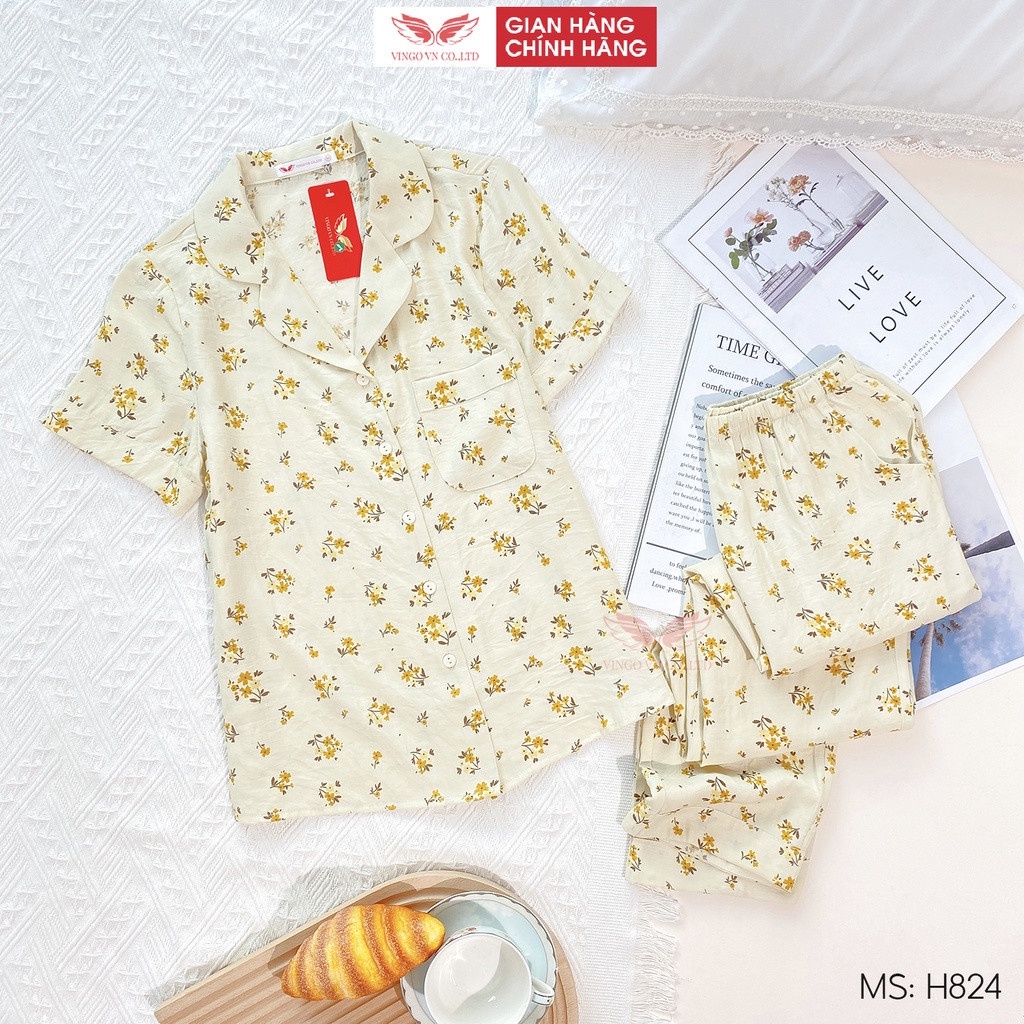 Pijama đũi đồ bộ mặc nhà mùa Thu VINGO tay ngắn quần dài màu be hoạ tiết hoa nhí nhẹ nhàng dễ thương H824 VNGO