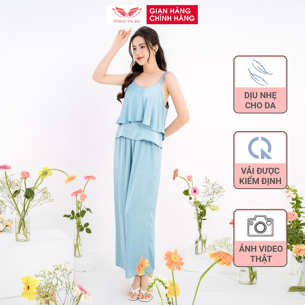 Bộ đồ ngủ nữ 2 dây quần dài pijama mặc nhà lụa cao cấp mùa Thu Đông VINGO màu hồng và xanh thanh lịch H775 VNGO