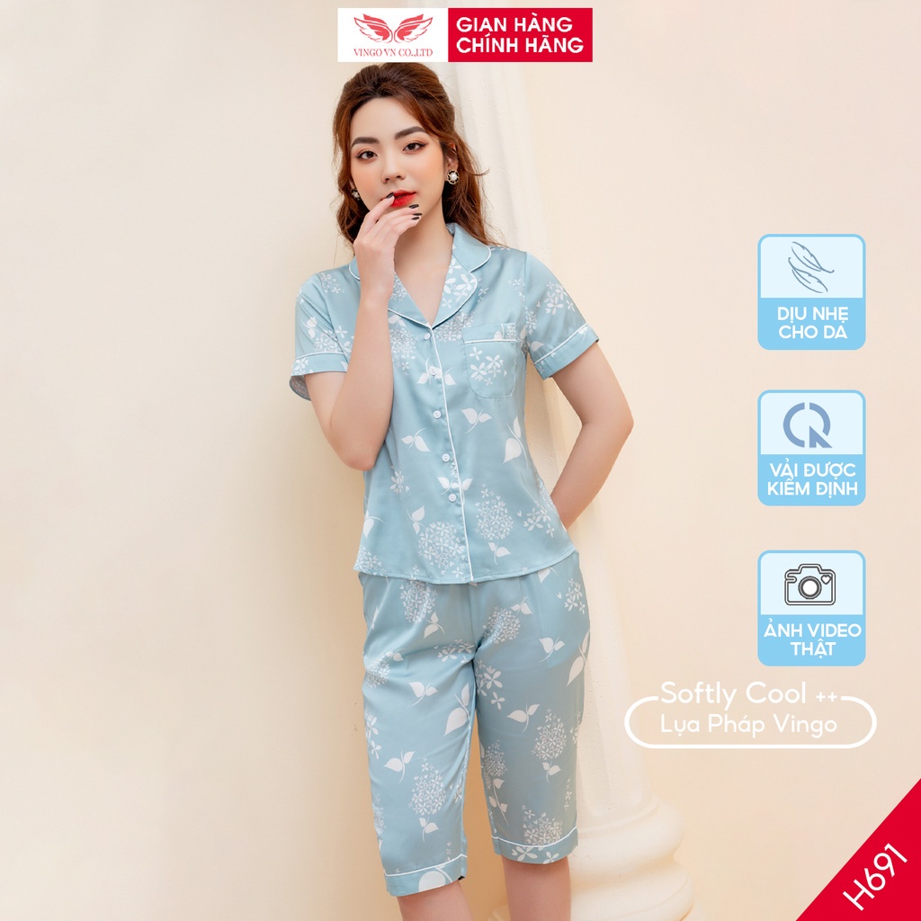 Pijama lụa đồ bộ ngủ mặc nhà cao cấp mùa hè VINGO tay ngắn quần lửng hoa xanh nhạt dễ thương H691 VNGO