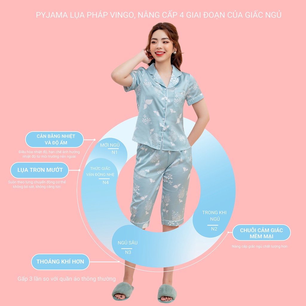 Pijama lụa đồ bộ ngủ mặc nhà cao cấp mùa hè VINGO tay ngắn quần lửng hoa xanh nhạt dễ thương H691 VNGO