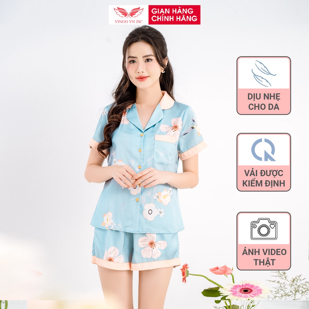 Pijama lụa đồ bộ ngủ mặc nhà cao cấp mùa hè VINGO tay ngắn quần đùi xanh nhạt dễ thương H696 VNGO