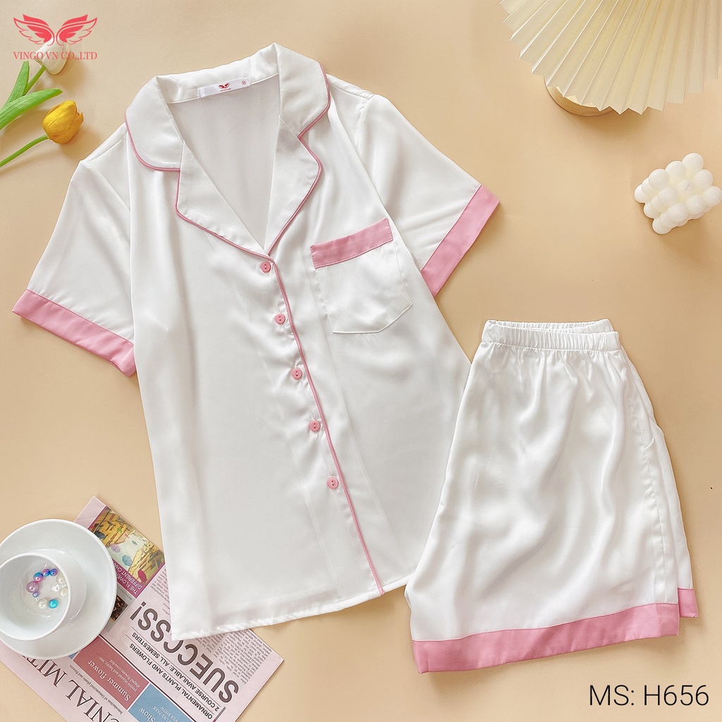 Đồ bộ nữ Pijama mặc nhà Lụa cao cấp mùa hè VINGO tay ngắn quần đùi trơn hồng trắng dễ thương H656 VNGO