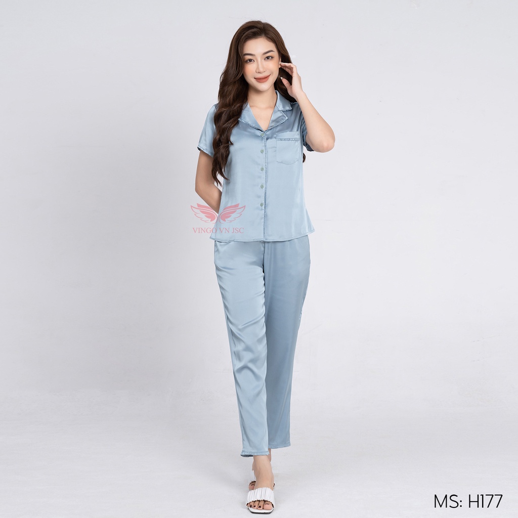 Pijama lụa đồ bộ ngủ mặc nhà cao cấp VINGO tay ngắn quần dài trơn phối viền trắng H217 VNGO