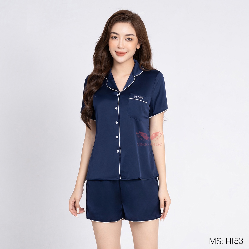 Bộ ngủ lụa Pijama trơn cao cấp VINGO tay ngắn quần đùi mặc nhà mùa thu đông siêu mát H153 VNGO