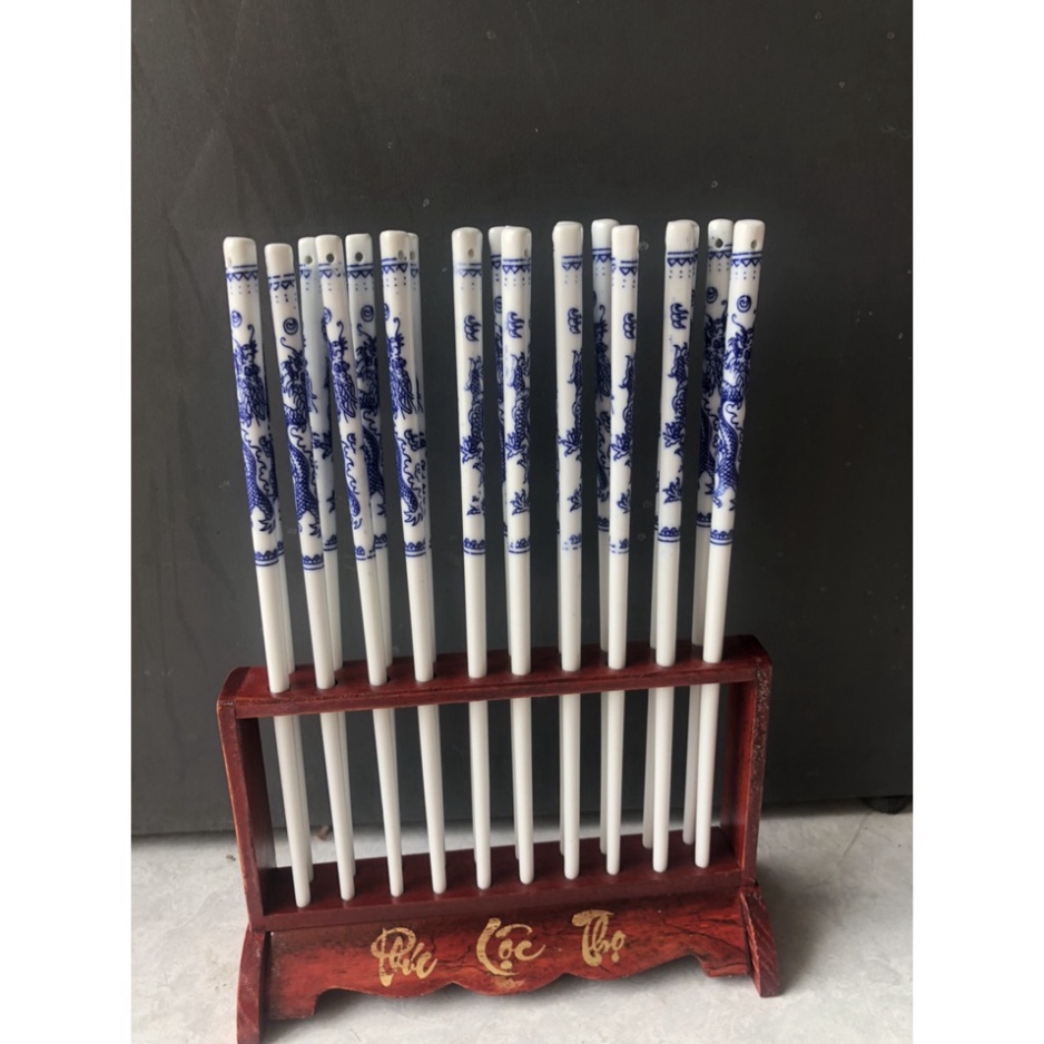 Bộ đũa thờ đũa sứ đũa gỗ kèm chân đế gỗ chữ thư pháp