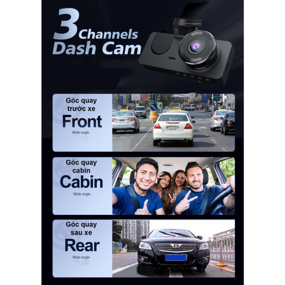 Camera hành trình ô tô New Taxi Wifi 3 mắt hình ảnh đảo chiều ghi hình tốc độ cao full HD 1080p hồng ngoại siêu nét