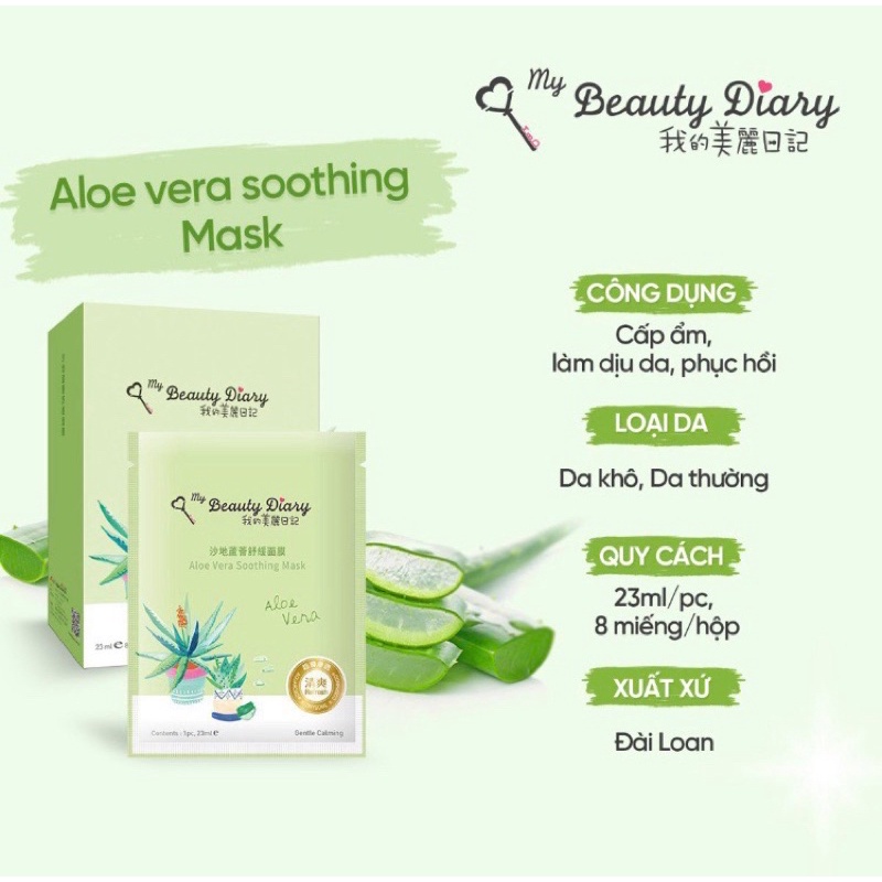 Combo 10 miếng lẻ Mặt nạ làm dịu, dưỡng ẩm My Beauty Diary - Đài Loan Aloe Vera Soothing Mask - Lô Hội 23ml/miếng