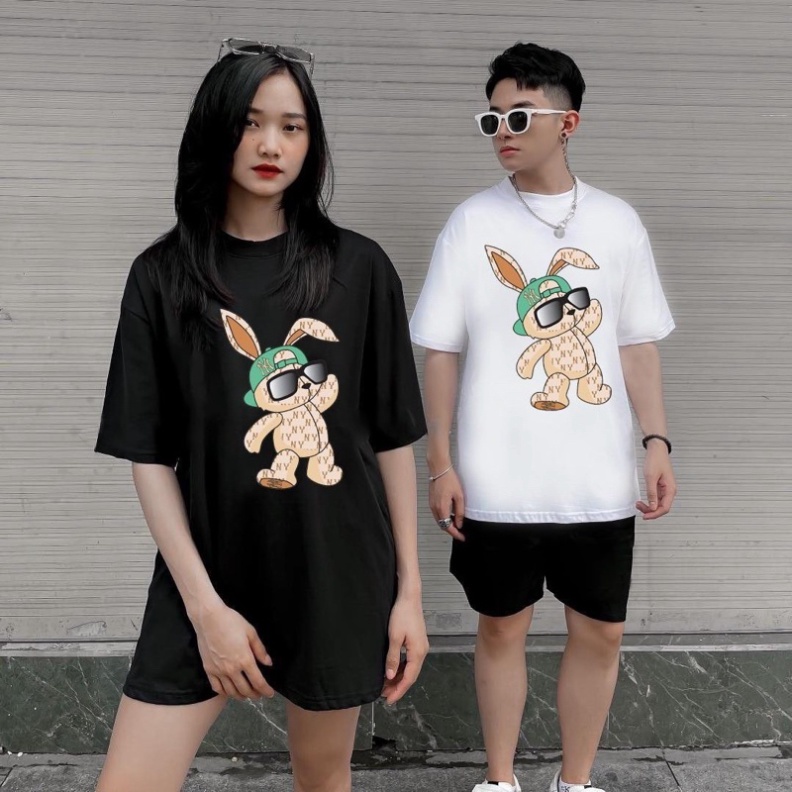 Áo cotton 100% in hình thỏ NY sành điệu cátính cho người lớn , bé trai bé gái đi du lich đi học đi dạo phố size 10-100kg