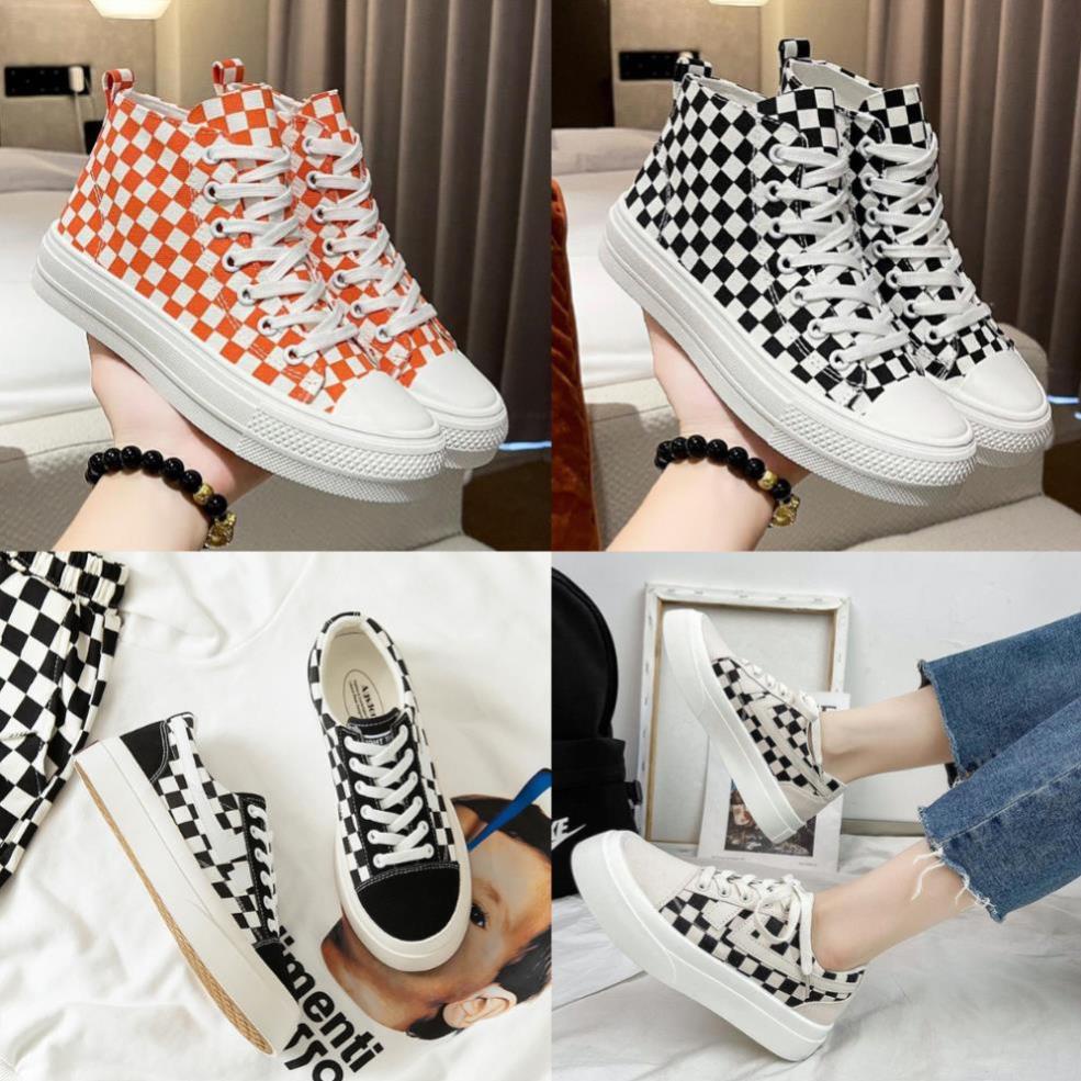 Giày Thể Thao Nữ Độn Đế Quảng Châu Caro Cổ Thấp Kiểu Dáng Classic 2 Màu Đen Và Xám Hot Hit