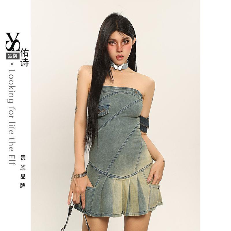 Đầm Denim Dáng Ôm Xếp Ly Cổ Điển Thời Trang Hè 2023 Phong Cách Mỹ Cho Nữ
