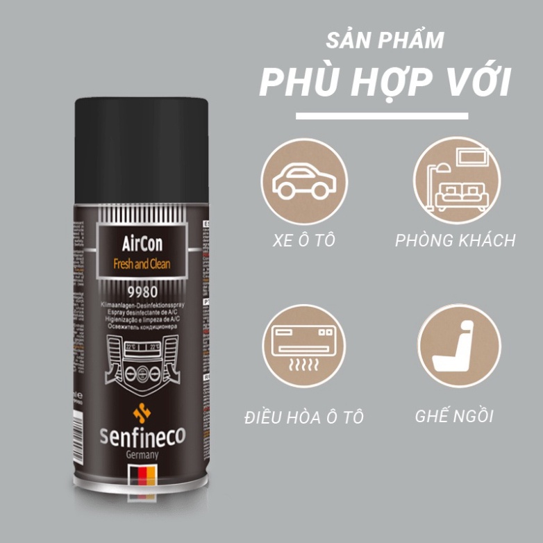 Xịt khử mùi điều hòa, nội thất ô tô hương chanh Senfineco 9980 AirCon Fresh And Clean dung tích 200ml