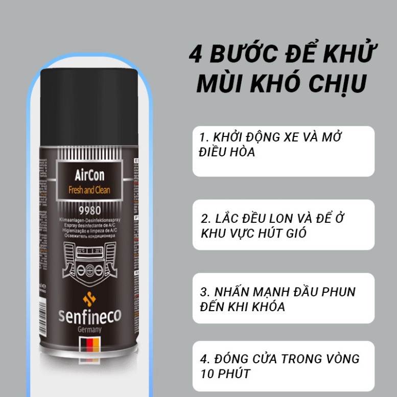 Xịt khử mùi điều hòa, nội thất ô tô hương chanh Senfineco 9980 AirCon Fresh And Clean dung tích 200ml
