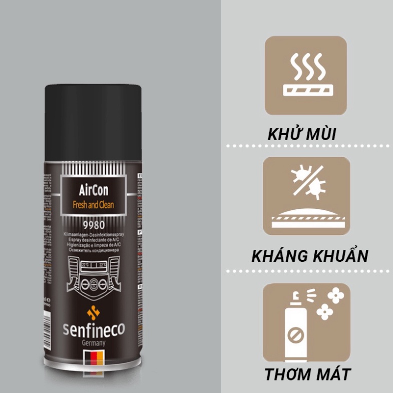 Xịt khử mùi điều hòa, nội thất ô tô hương chanh Senfineco 9980 AirCon Fresh And Clean dung tích 200ml