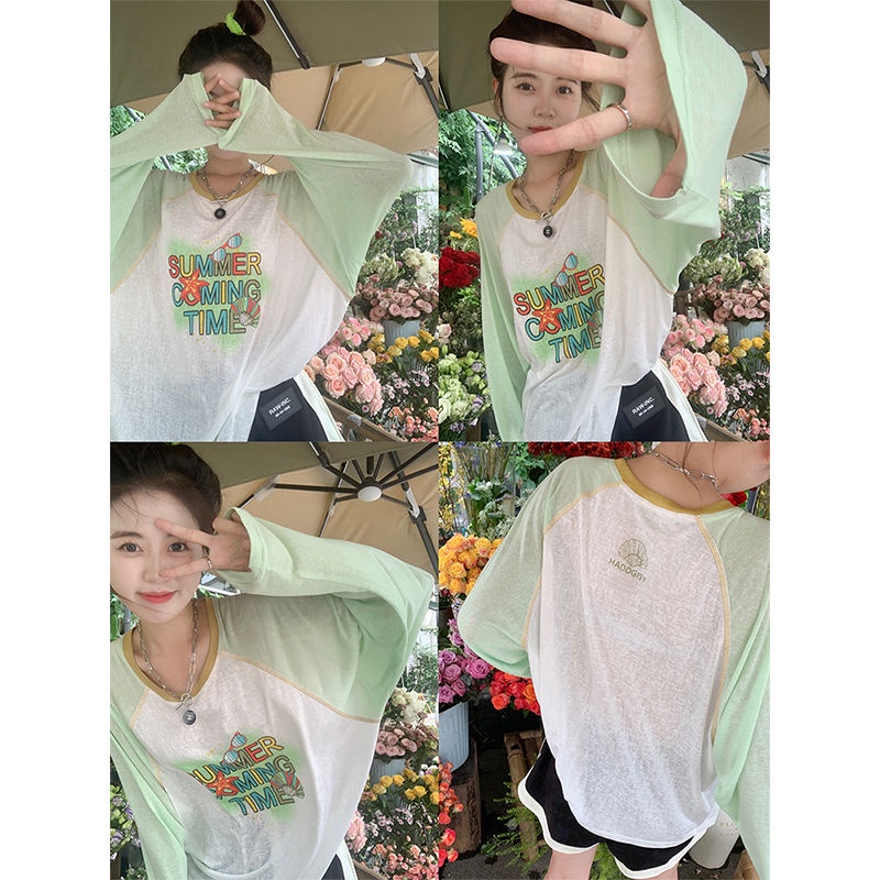 Áo Thun Tay Dài Dáng Rộng Vải Lụa Lạnh Mỏng In Hoạt Hình Phối Màu Tương Phản Thời Trang Cho Nữ