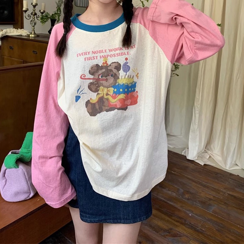 Áo Thun Tay Dài Dáng Rộng Vải Lụa Lạnh Mỏng In Hoạt Hình Phối Màu Tương Phản Thời Trang Cho Nữ