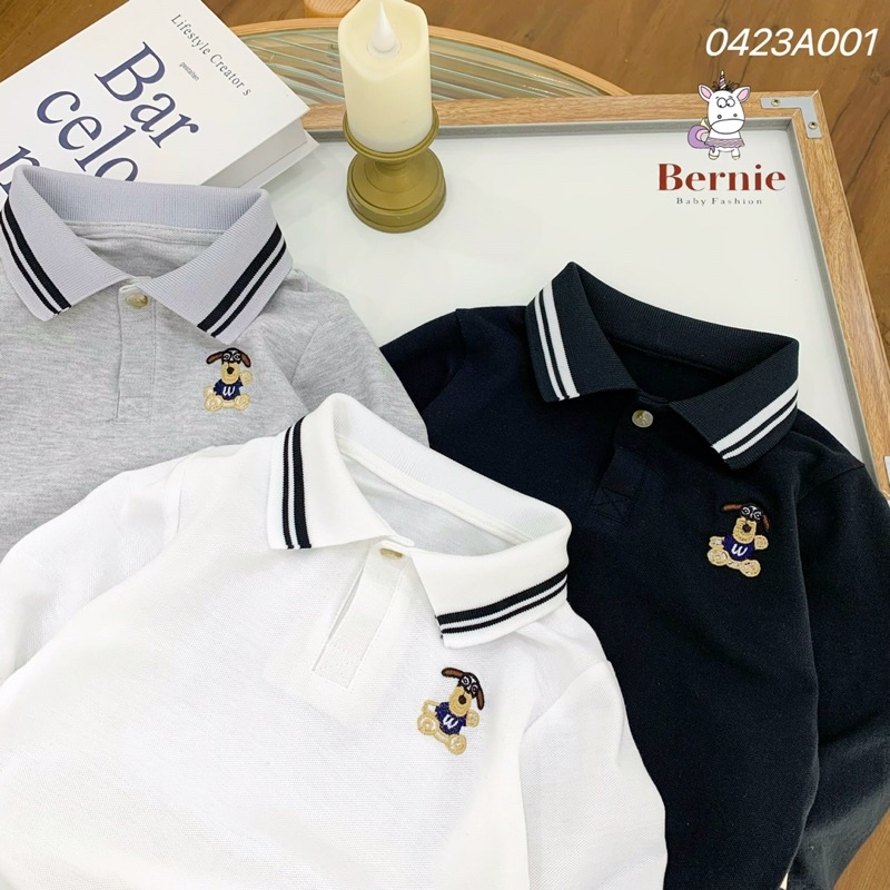 Áo polo dài tay bé trai thêu cún Bernie - Áo thu đông bé trai có cổ cho bé từ 9-23kg- 0423A001