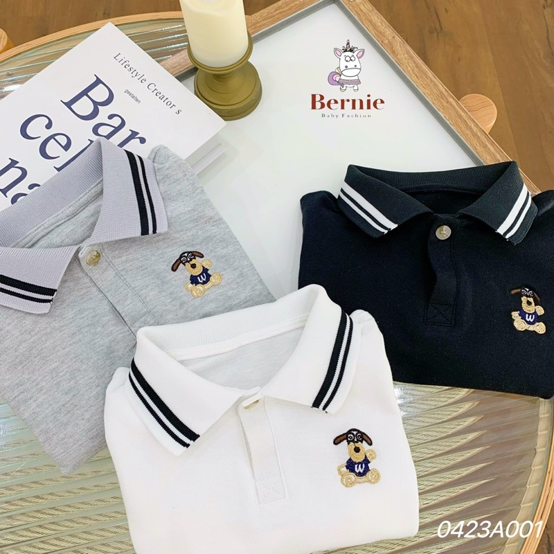 Áo polo dài tay bé trai thêu cún Bernie - Áo thu đông bé trai có cổ cho bé từ 9-23kg- 0423A001