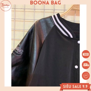 [SALE] Áo Khoác Bomber Nỉ Unisex Dáng Thể Thao 40- 70kg  - Tay Phối Da Năng Động G035 Boona Bag
