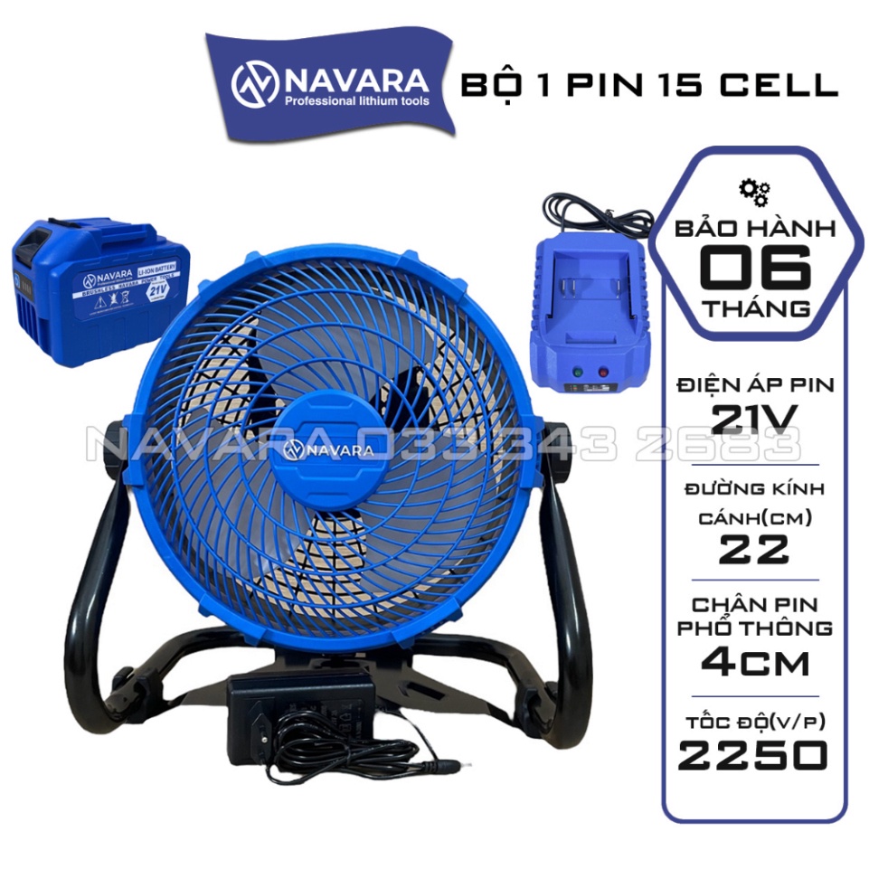 Quạt Pin, Quạt Tích điện Navara 9002, Đường kính cánh quạt 22cm, Chân pin phổ thông 4cm