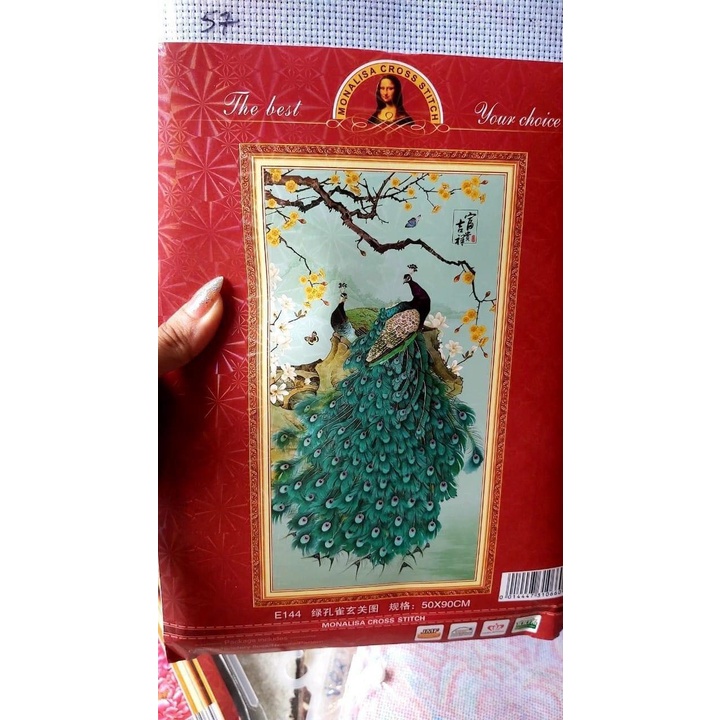 Tranh thêu kín Đôi Chim công Xanh  E144 - KT : 50x90cm