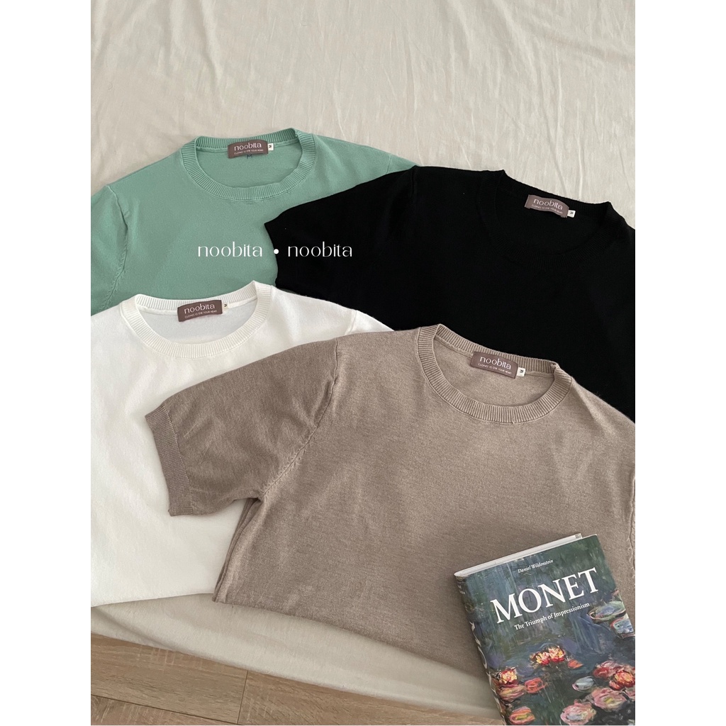 NOOBITA - Áo len dệt kim tay ngắn mùa hè mỏng, co giãn thoải mái 8024