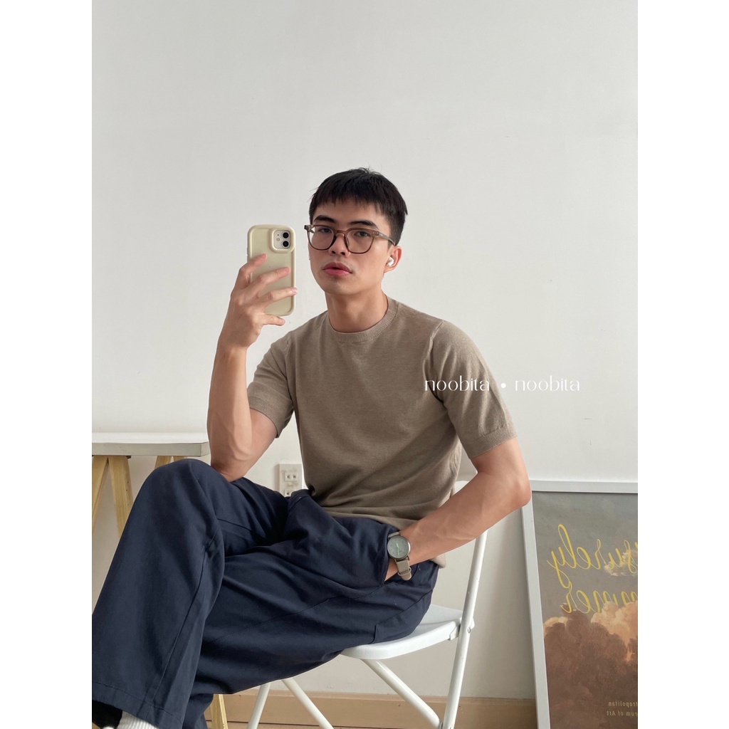 NOOBITA - Áo len dệt kim tay ngắn mùa hè mỏng, co giãn thoải mái 8024