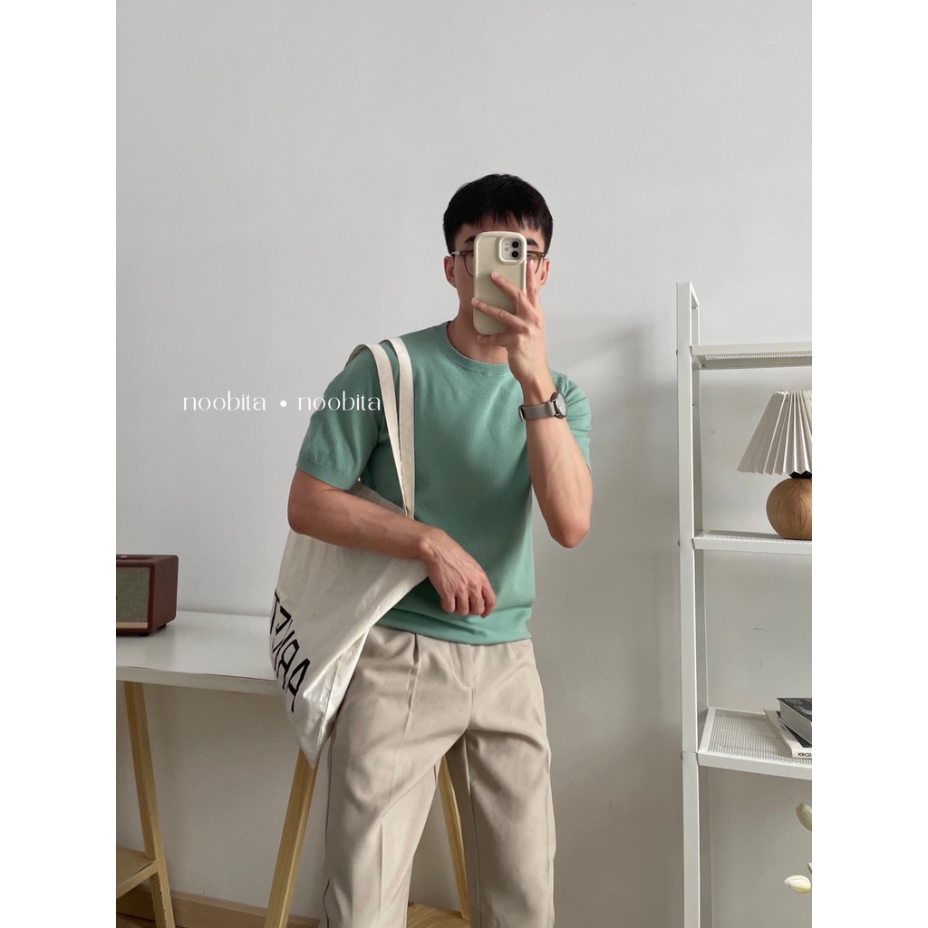 NOOBITA - Áo len dệt kim tay ngắn mùa hè mỏng, co giãn thoải mái 8024