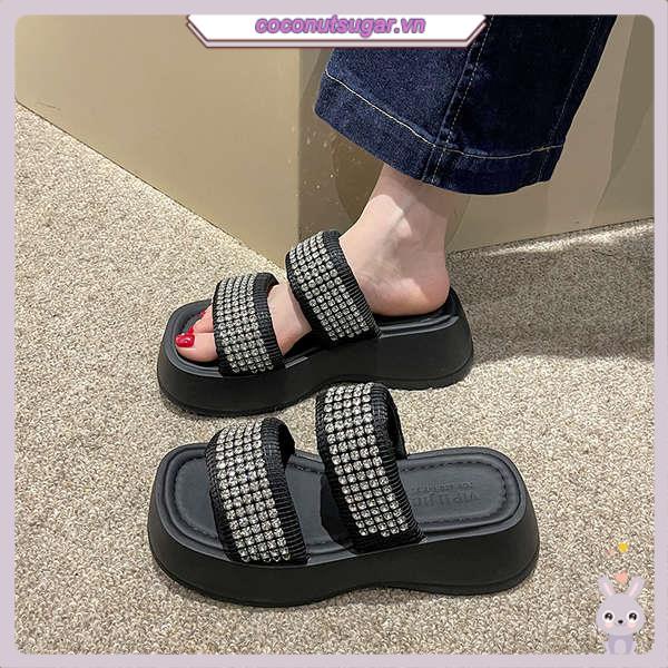 Thick-soled rhinestone flat strap slippers phụ nữ mặc bên ngoài phong cách mới dép open-toe