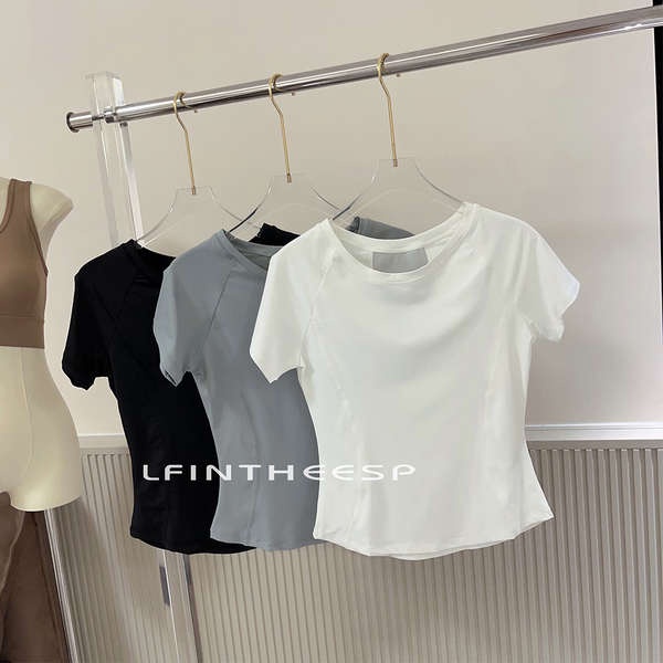 ✿ có hàng sẵn ✿ gasing sukan wanita ♦Lulu thể thao hàng đầu phụ nữ 's Short-sleeved tight yoga quần áo lưới stitching quick-drying fitness running training t-shirt✿