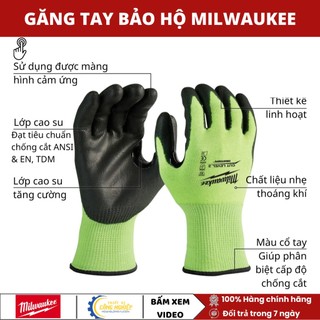 Găng tay bảo hộ chống cắt an toàn level 1 - 3 - 5 milwaukee 48-22-8902 48-73-8932 48-22-8952. đạt chuẩn chống cắt