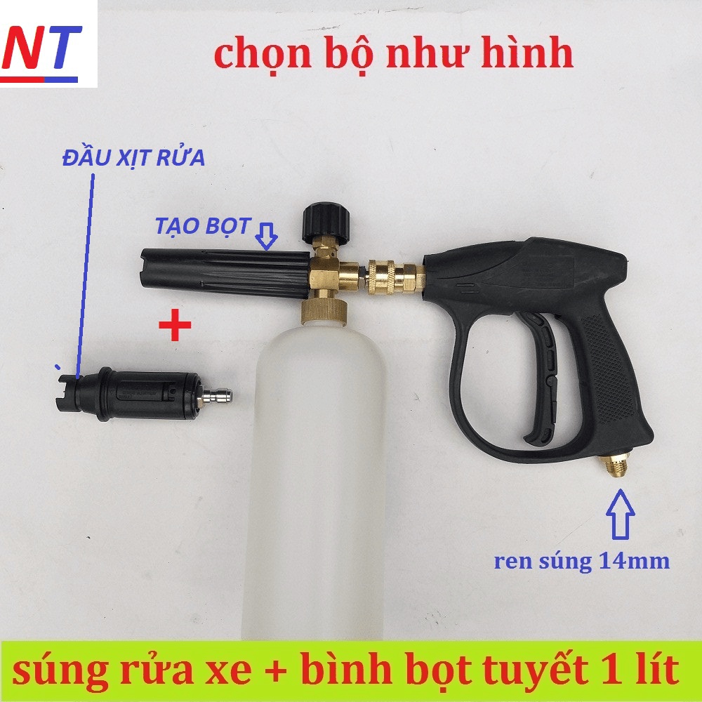 Combo bộ vòi xịt rửa xe áp lực cao và bình phun tạo bọt tuyết cao áp tay xịt ren ngoài 22mm và bình 1 lít