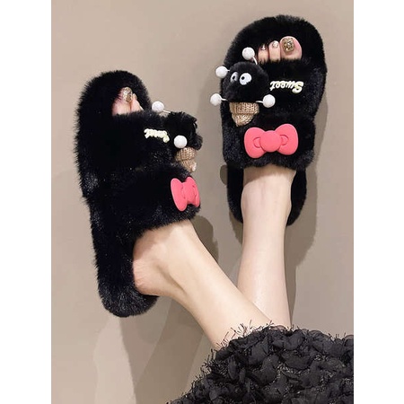 Dép Lông Bông Đi Trong Nhà Đế Dày Cute Đính Nơ Hoạt Hình Dễ Thương Cho Nữ