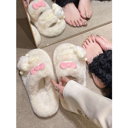 Dép Lông Bông Đi Trong Nhà Đế Dày Cute Đính Nơ Hoạt Hình Dễ Thương Cho Nữ