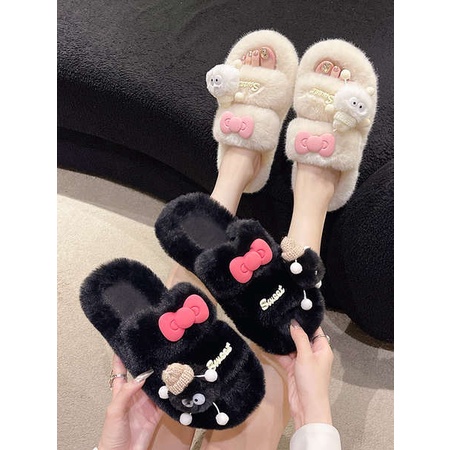 Dép Lông Bông Đi Trong Nhà Đế Dày Cute Đính Nơ Hoạt Hình Dễ Thương Cho Nữ