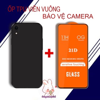 COMBO Ốp , kính cường lực Iphone X , Xs , Xs max , Xr TPU viền vuông đen trơn Kind case