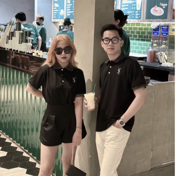 Áo PoLo YSL Cổ Dệt Nhũ Kim Tuyến  Vải Cotton 100%