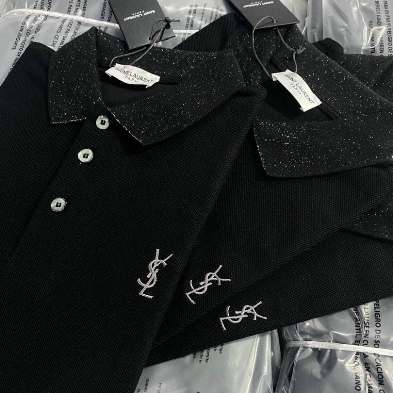 Áo PoLo YSL Cổ Dệt Nhũ Kim Tuyến  Vải Cotton 100%