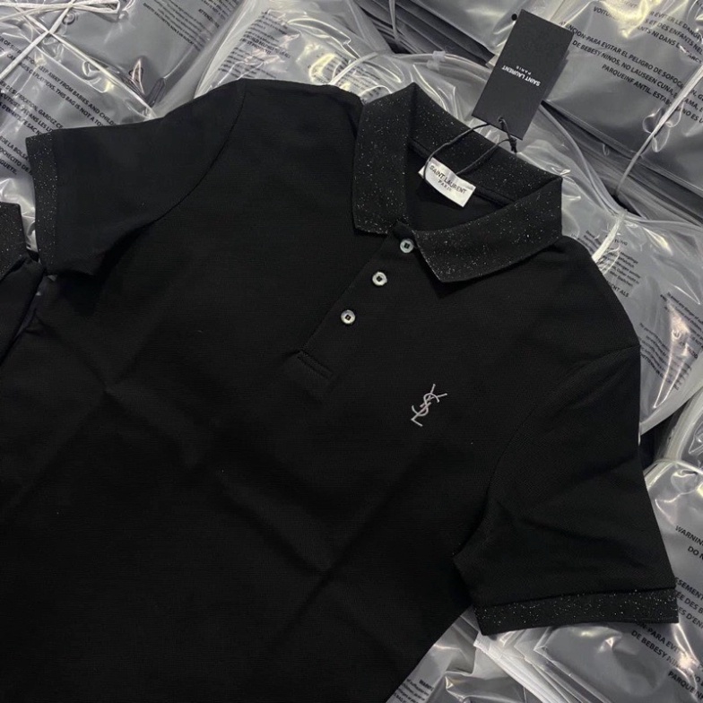 Áo PoLo YSL Cổ Dệt Nhũ Kim Tuyến  Vải Cotton 100%