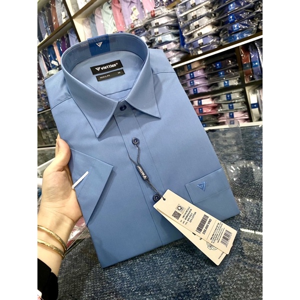 VIETTIEN- ÁO SƠMI NGẮN TAY VIỆT TIẾN CHÍNH HÃNG💕 GIẢM GIÁ 💕FREESHIP💕SƠMI NGẮN TAY MÀU XANH