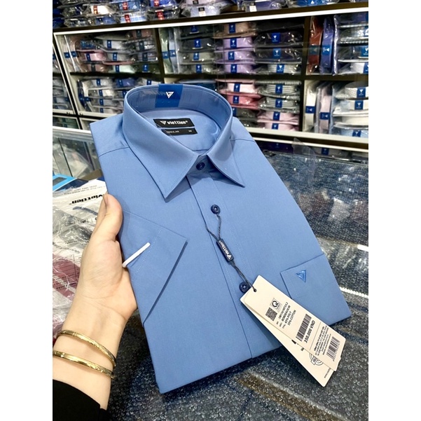 VIETTIEN- ÁO SƠMI NGẮN TAY VIỆT TIẾN CHÍNH HÃNG💕 GIẢM GIÁ 💕FREESHIP💕SƠMI NGẮN TAY MÀU XANH