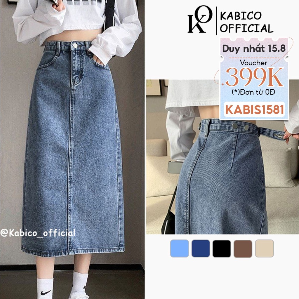 Chân váy jean dài KABICO cạp điều chỉnh độ rộng bụng phong cách, váy jean dáng dài cạp cao thanh lịch A14