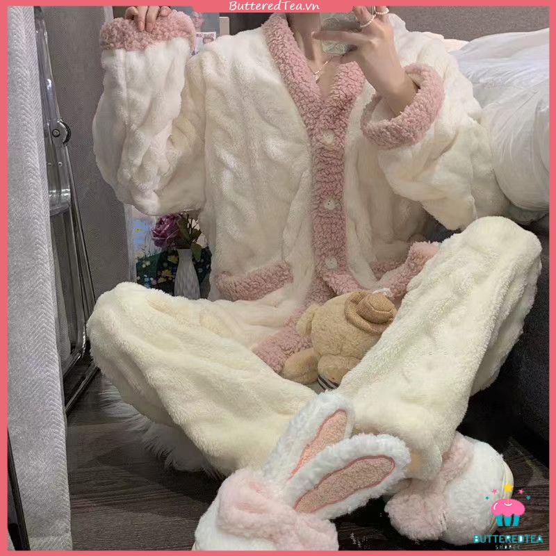 Bộ đồ ngủ dày lót lông cừu mùa đông phụ nữ có thể mặc bộ đồ mặc nhà bên ngoài