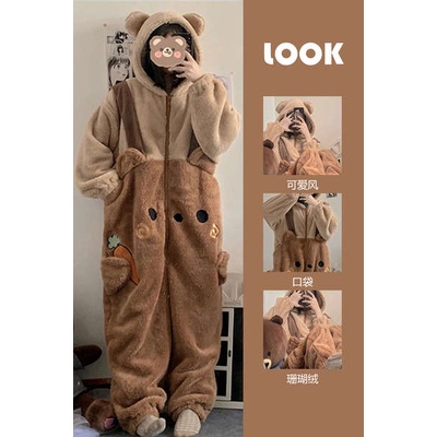 Winter bear pyjamas dày coral fleece dễ thương one-piece pyjamas cartoon loungewear nightgo