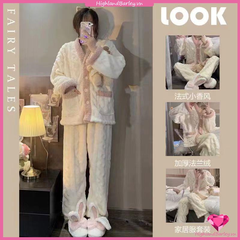 Bộ đồ ngủ dày lót lông cừu mùa đông phụ nữ có thể mặc bên ngoài loungewear