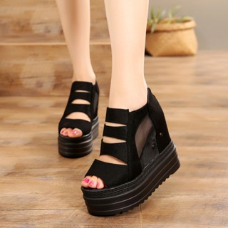  Giày Sandal Đế Xuồng Dày 12cm Phối Lưới Thời Trang Xuân Hè 