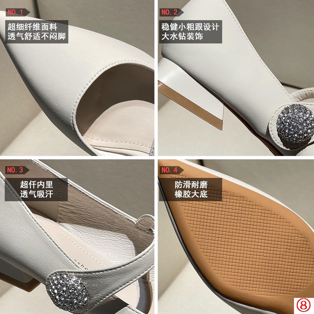 Giày cao gót mũi nhọn kiểu pháp phụ nữ 2023 phong cách mới giày cao gót khóa phẳng dây đeo rhinestone gót thấp 3