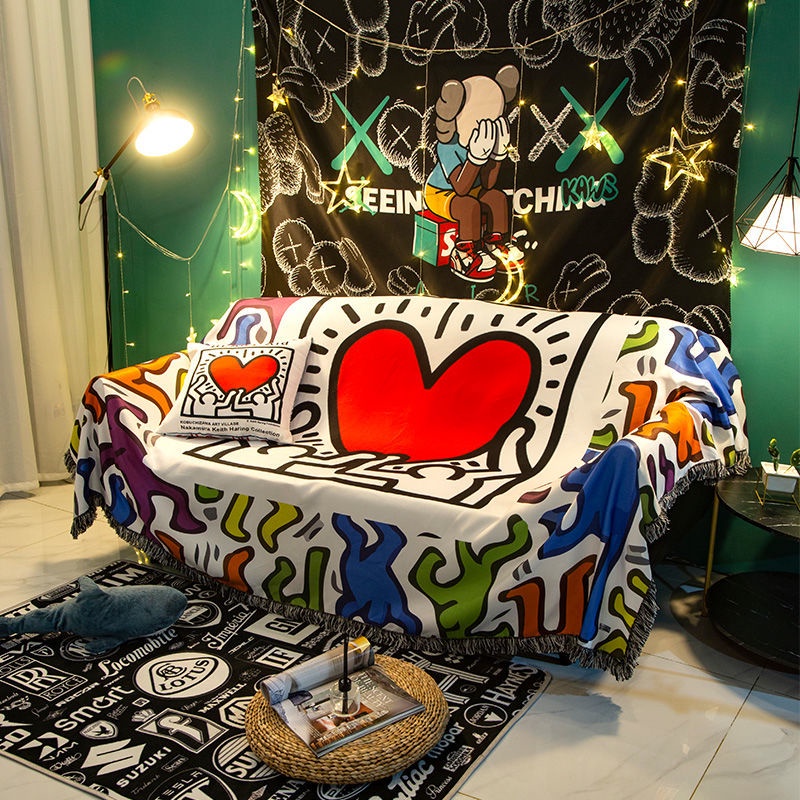 Cover blanket joint hand-painted cartoon keith haring sofa towel full cover one-piece dustproof and dirty sofa cushion c
