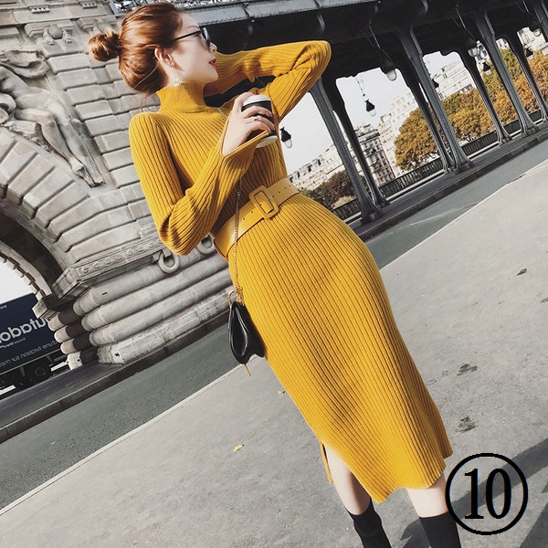 Dài over-the-knee dày đáy áo len váy phụ nữ phong cách mới quần áo thu đông mỏng-fit hi