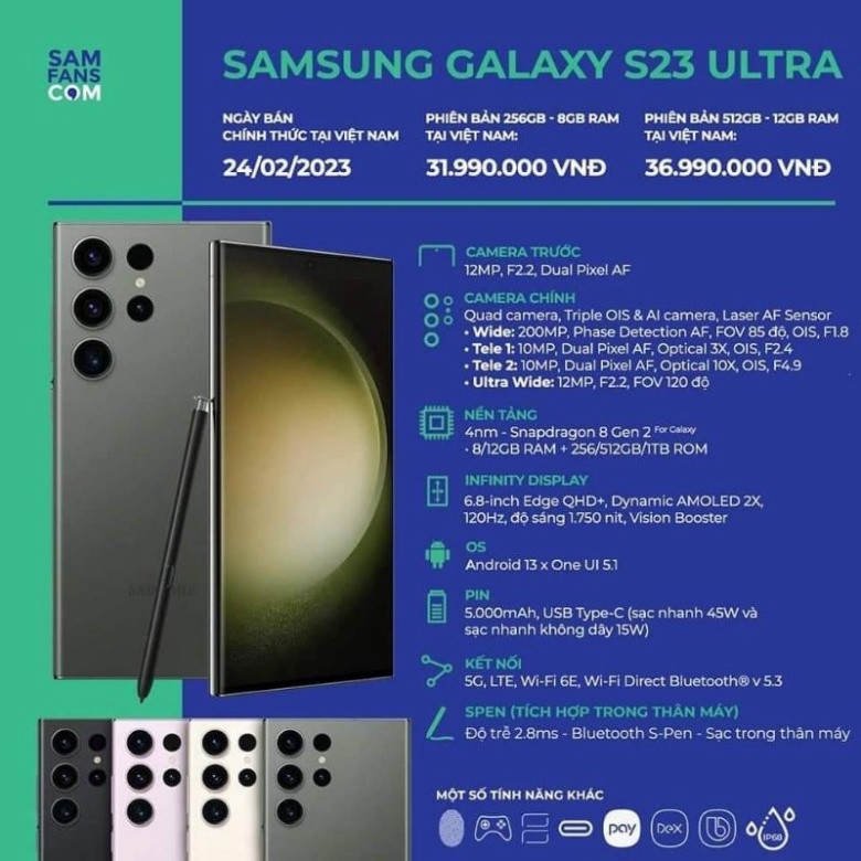 Điện thoại Samsung Galaxy S23 Ultra 12GB/1TB - Hàng chính hãng mới 100% New Seal